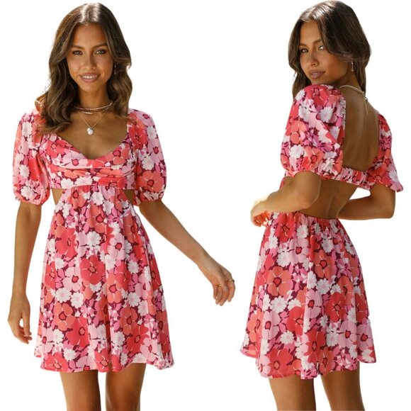 Hello Molly On The Beat Floral Cut Out Mini Dress Women's 2 Pink Open Back Party - Picture 2 of 14